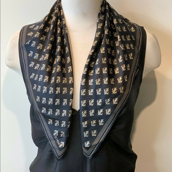 ECHO Vintage Silk Twill Black, Fleur de Lis SCARF 26" X 26" Handroll Hems - Picture 3 of 5